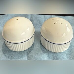 Vintage Round Ramekin White and Blue Ceramic Salt and Pepper Shakers
